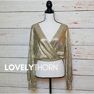 ZARA // gold faux wrap long sleeve crop top